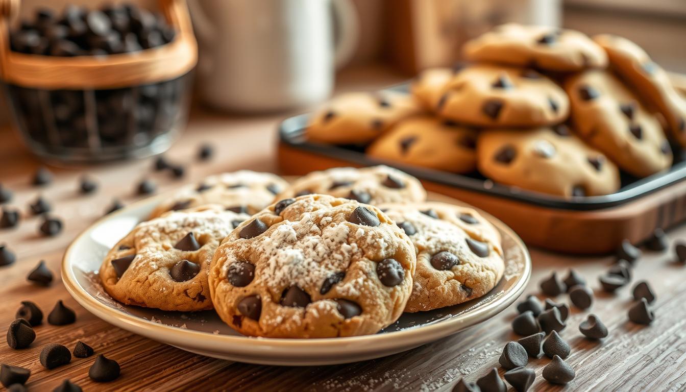 chocolate chip cookies with powdered sugar